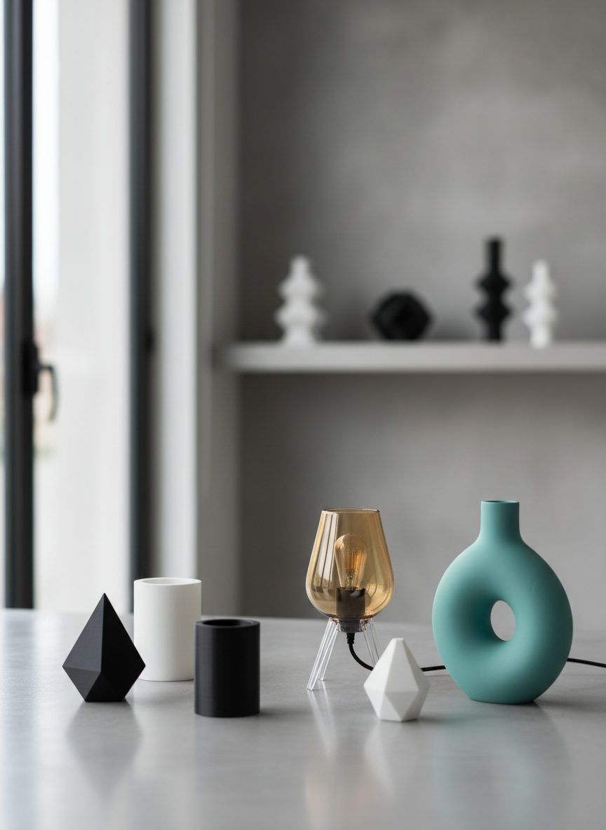 Una colección de objetos impresos en 3D para uso creativo y decorativo dispuestos sobre una superficie de hormigón pulido de tono gris suave, fotografiados con realismo. Se ven figuras geométricas minimalistas en blanco y negro, una lámpara pequeña con pantalla impresa en filamento translúcido ámbar y un jarrón de líneas orgánicas en color turquesa mate. Al fondo, ligeramente desenfocado, un estante flotante sostiene más piezas artísticas, todas de diseño contemporáneo. La escena está iluminada por luz natural difusa proveniente de una ventana grande fuera de cuadro, generando sombras suaves y un ambiente calmado y elegante. Tomada a una altura media con encuadre equilibrado, la composición transmite creatividad, diseño de autor y profesionalismo, alineada con una imagen de marca moderna y sofisticada.