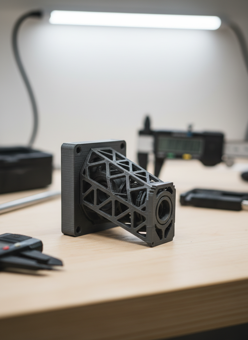 Una toma detallada en primer plano de una pieza de ingeniería impresa en 3D, de plástico gris oscuro con acabado ligeramente texturizado, reposando sobre una mesa de trabajo de madera clara. La pieza muestra engranajes entrelazados y un diseño interno complejo, destacando la precisión y calidad de la impresión. A su alrededor, calibradores digitales y herramientas de medición están cuidadosamente dispuestos, desenfocados en segundo plano. La escena está iluminada por luz blanca neutra desde arriba, tipo taller profesional, creando sombras nítidas que realzan el relieve y la geometría. La composición en regla de tercios, con enfoque muy nítido en la pieza y fondo suave, genera una atmósfera de precisión, innovación y confiabilidad técnica, con estética limpia y moderna totalmente fotográfica.