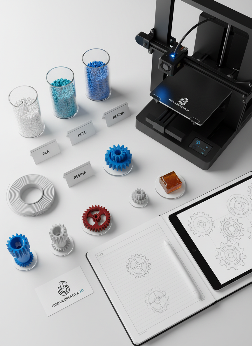 Un plano cenital de una mesa de trabajo organizada de un estudio de impresión 3D profesional, capturado con estética limpia y fotográfica. Sobre la superficie blanca mate se distribuyen una impresora 3D compacta, varias muestras de materiales (PLA, PETG, resina) etiquetadas con pequeñas tarjetas, y prototipos en miniatura de piezas funcionales y decorativas. También se ve una libreta abierta con bocetos técnicos y al lado una tarjeta con el logotipo de “Huella Creativa 3D”. La iluminación es homogénea y suave, tipo caja de luz, sin sombras duras, resaltando colores neutros con algunos acentos vibrantes de los filamentos. El ambiente visual es ordenado, analítico y profesional, ideal para comunicar proceso, planificación y acompañamiento experto de proyectos.
